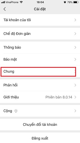 Ấn vào mục Chung